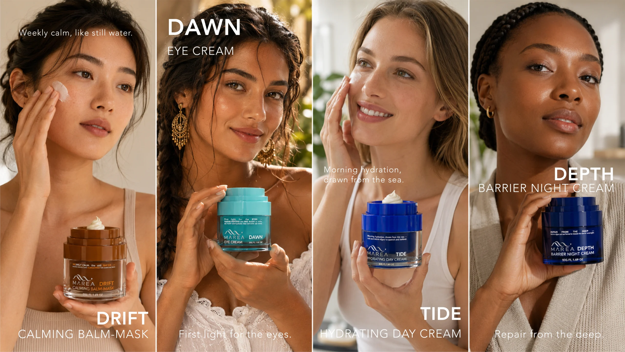 Four MAREA products shown with cream textures and users