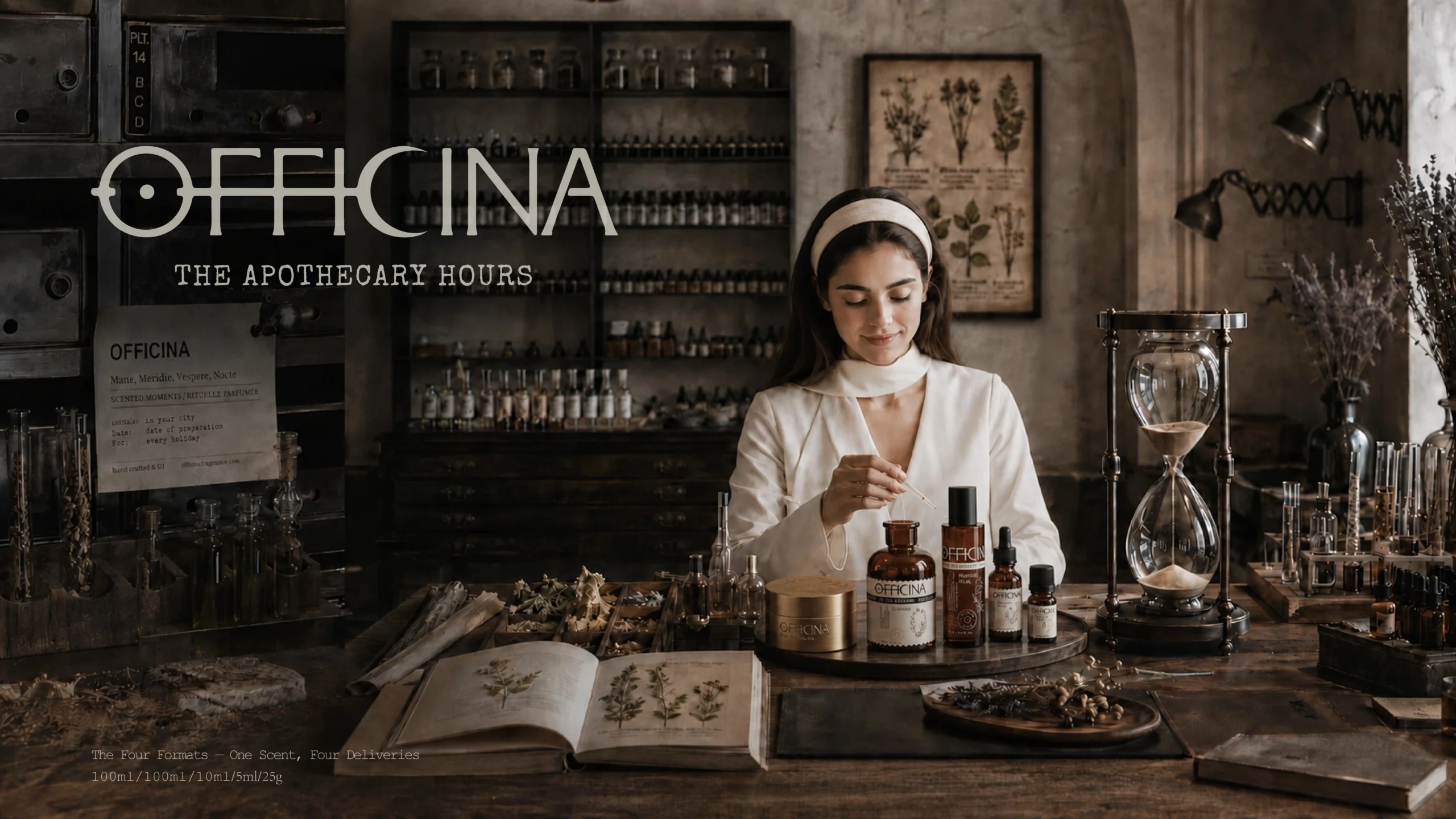 OFFICINA packaging arranged in a botanical apothecary workshop