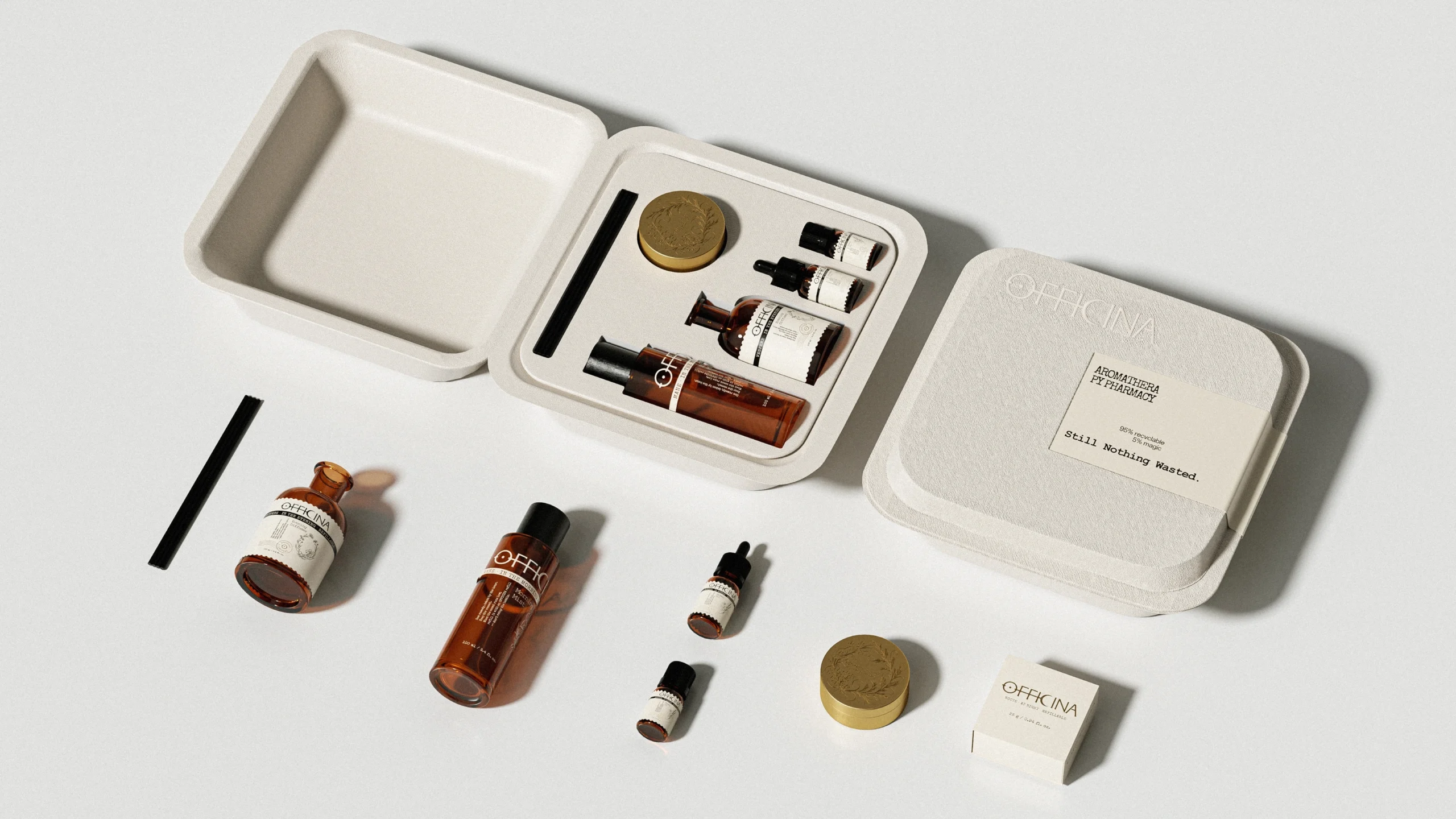 Open OFFICINA gift case with mist, diffuser, oil, mini, reeds, and solid perfume tin