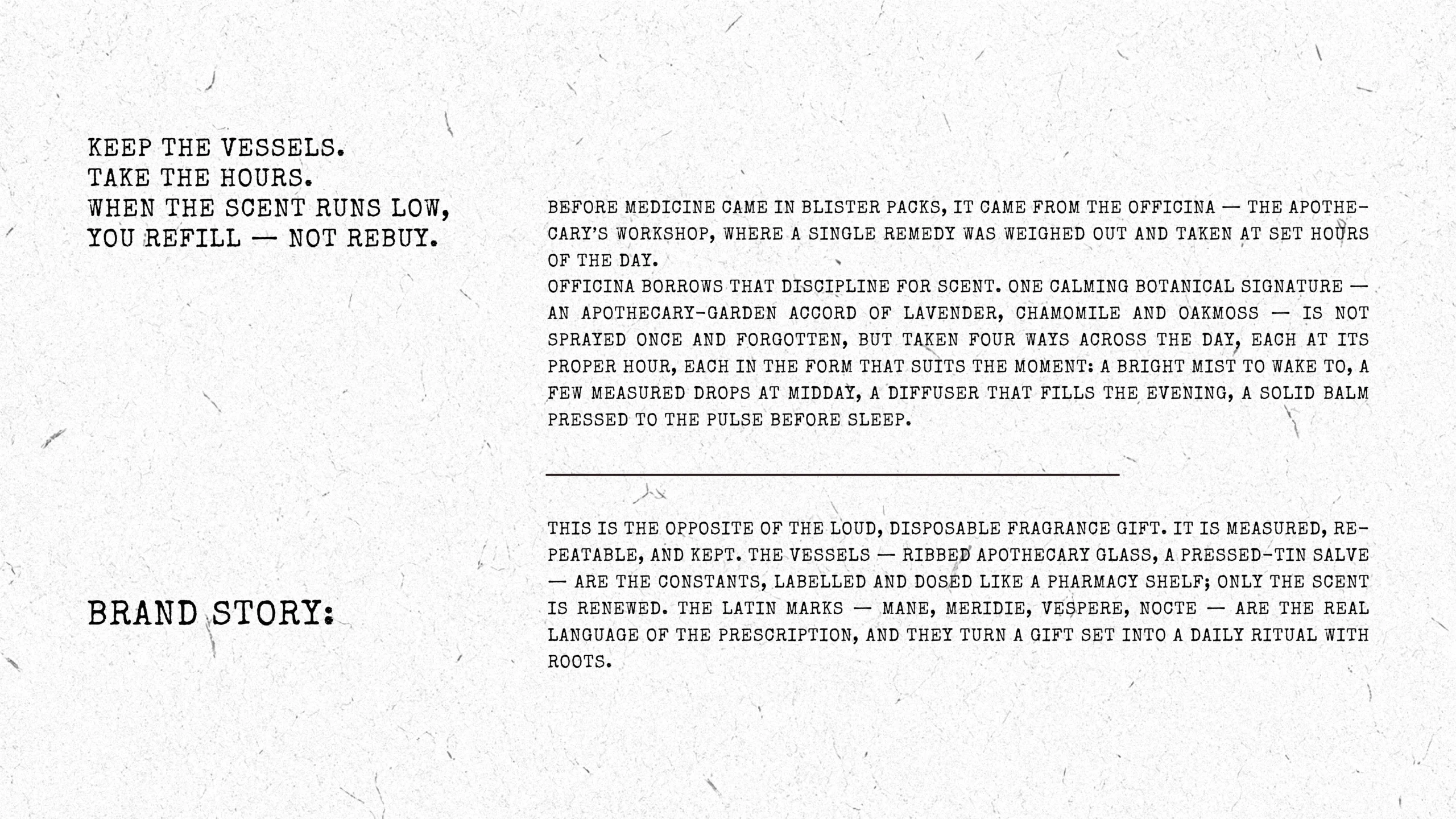 OFFICINA Apothecary Hours brand story on archival paper