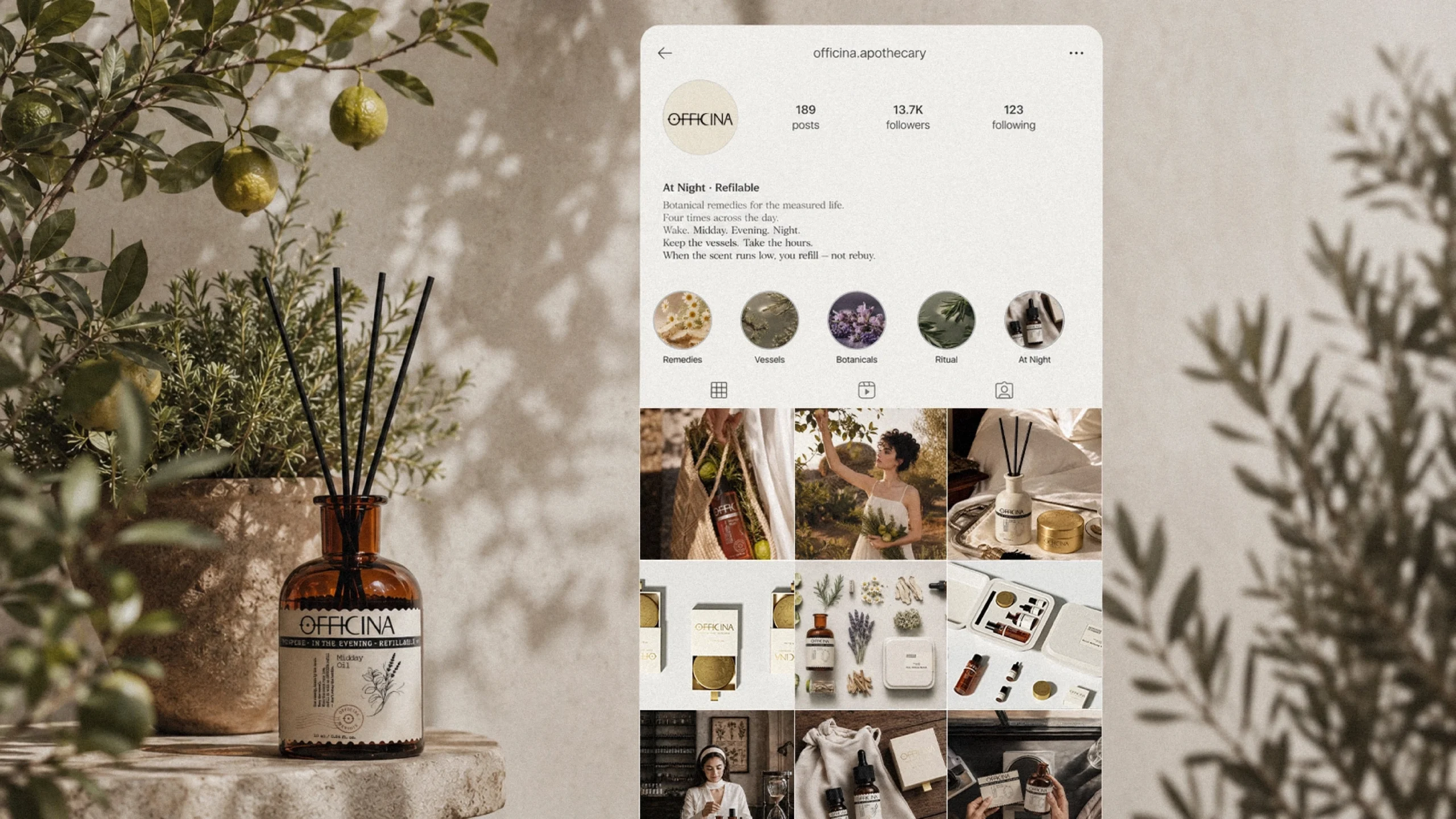 OFFICINA reed diffuser beside a coordinated social media campaign mockup