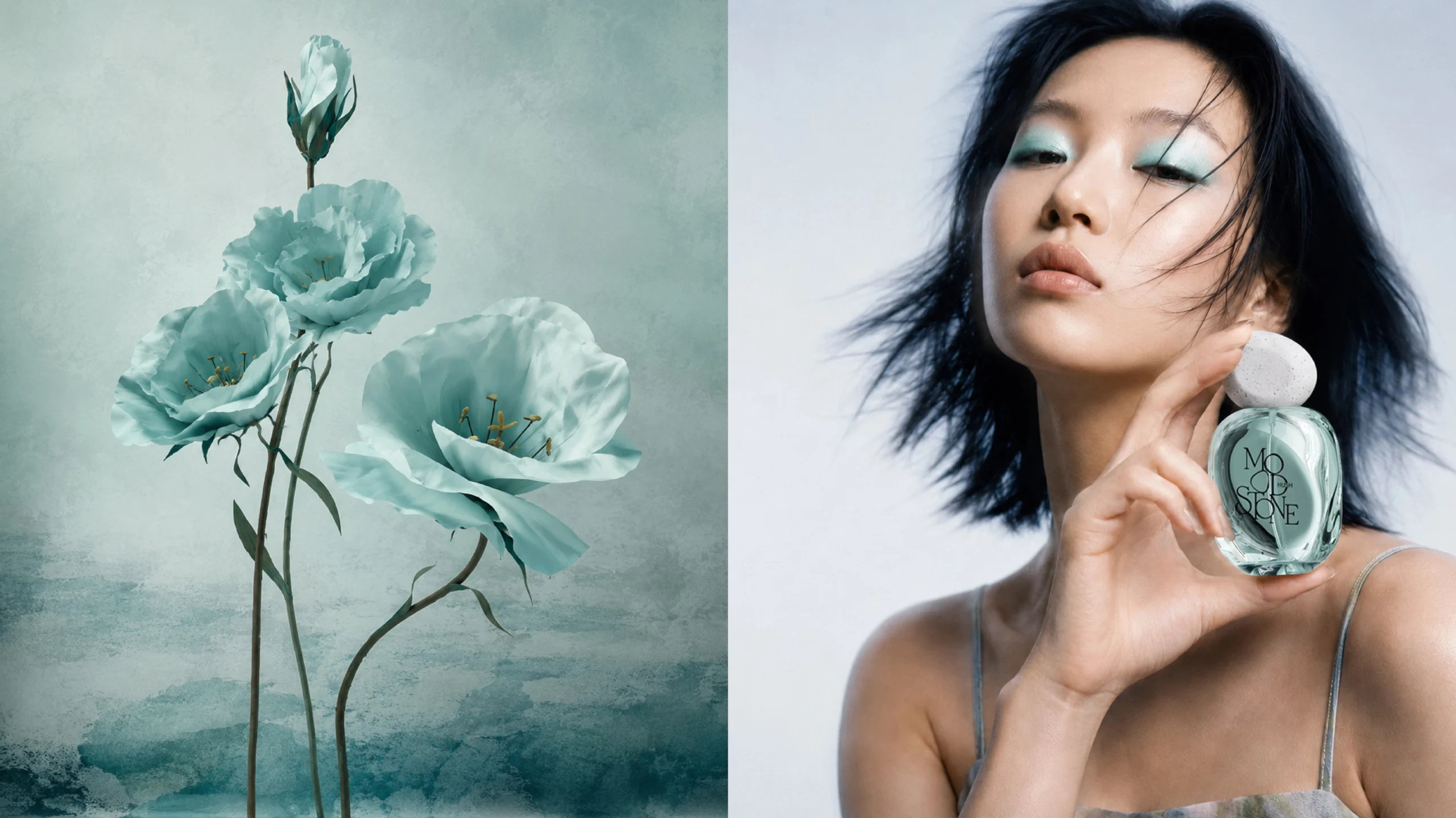 model holding a pale-blue translucent MOOD//STONE HUSH perfume bottle beside cool blue flowers