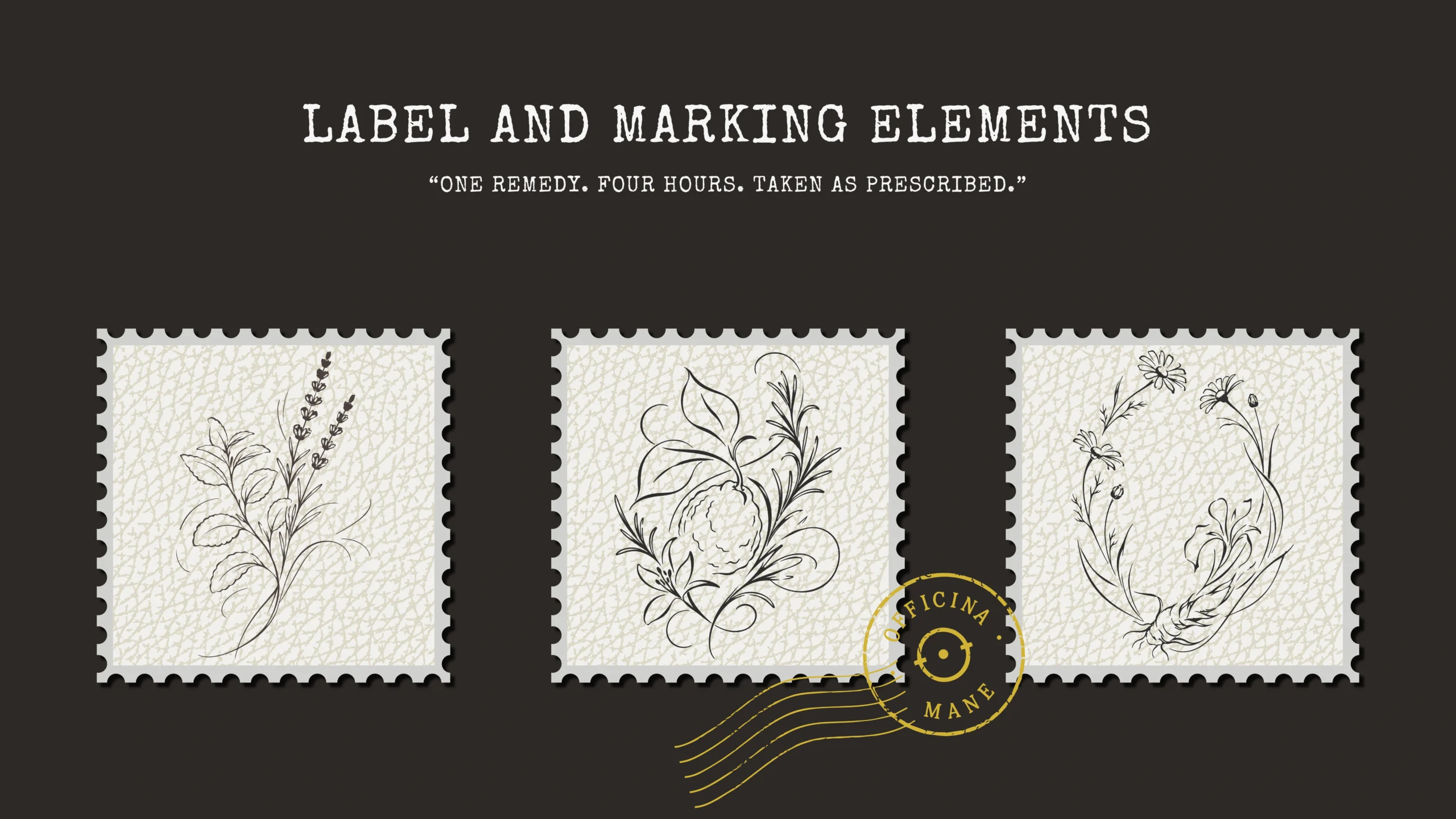 OFFICINA botanical stamps and circular hour mark