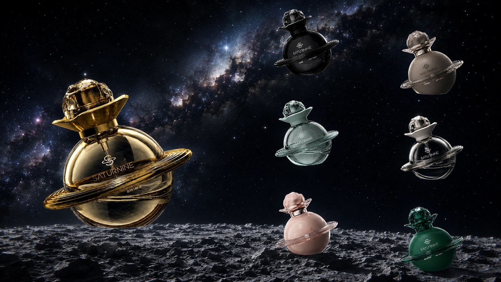Seven SATURNINE orbital perfume bottles displayed across a cosmic landscape