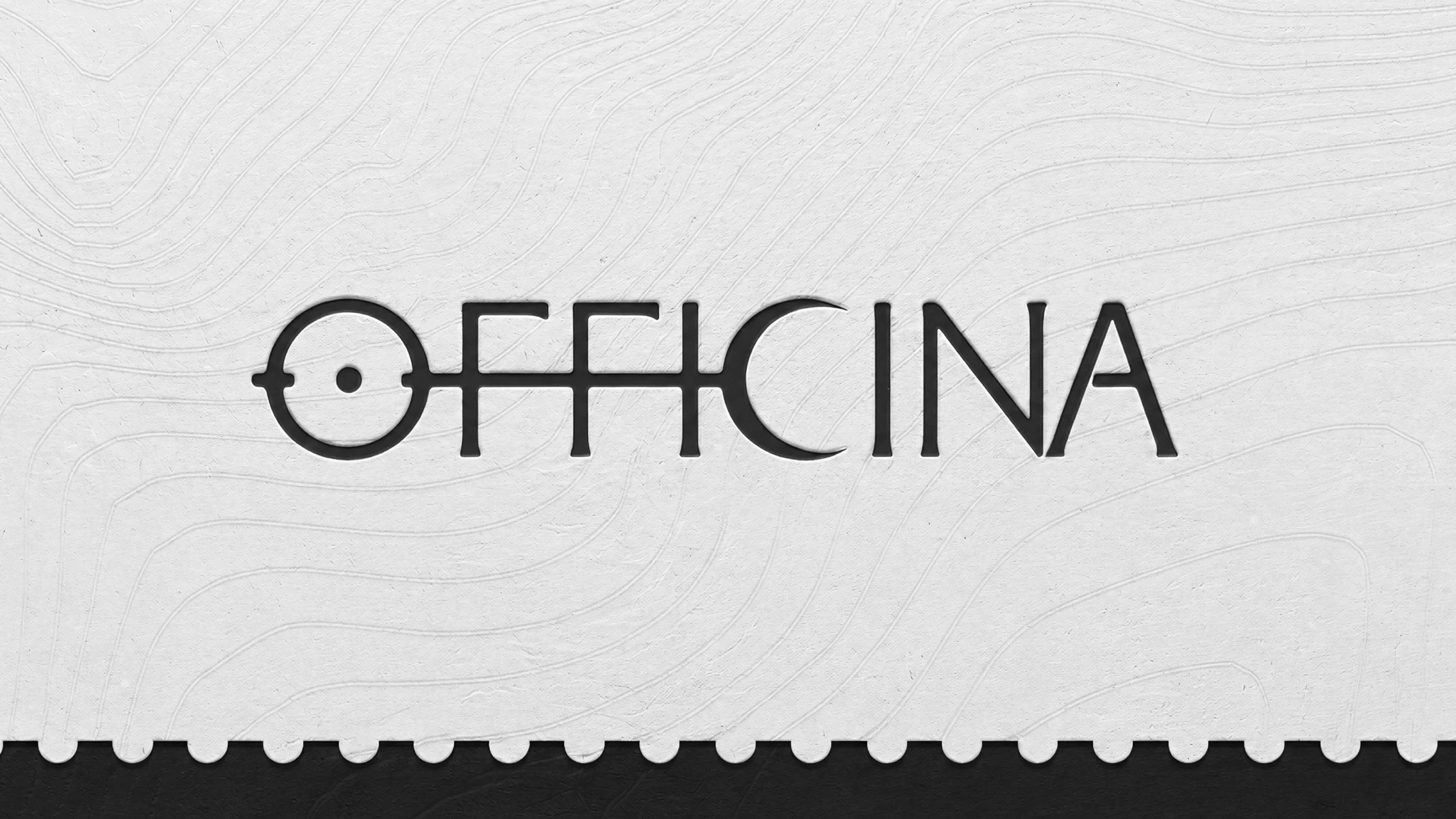 OFFICINA wordmark with a sun-like O and moon-like C on textured paper