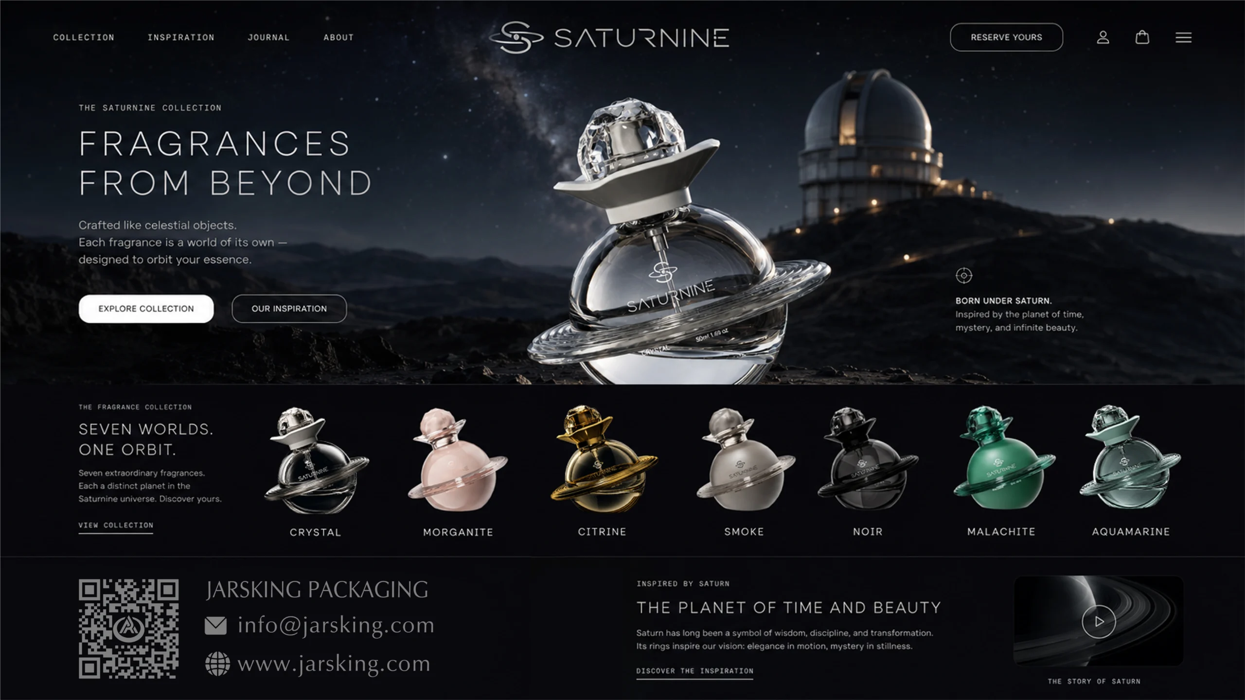 SATURNINE fragrance website concept showing the complete seven-bottle collection
