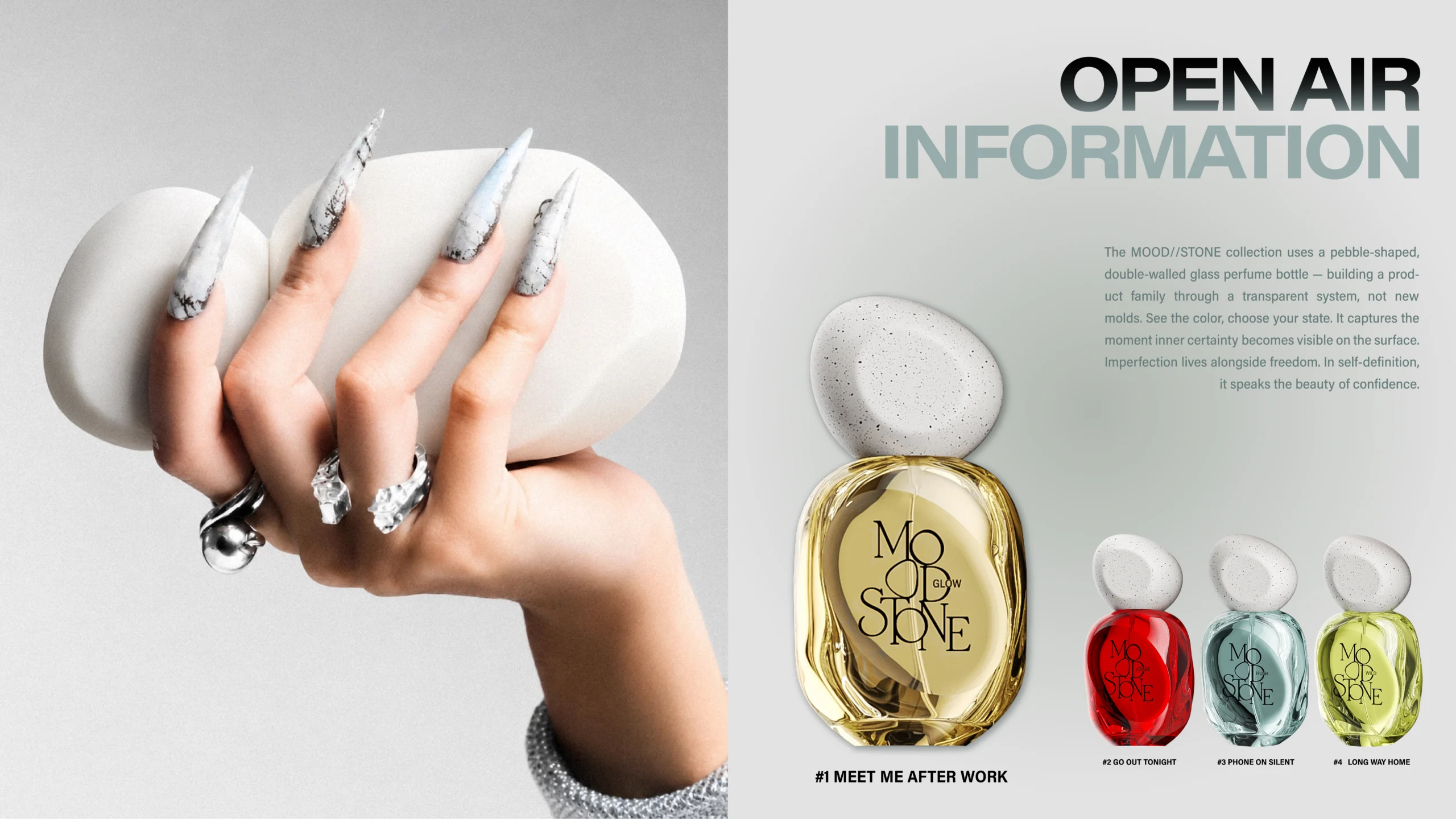 MOOD//STONE four-SKU 50 ml pebble perfume bottle collection in amber yellow, coral red, pale blue and crystal green