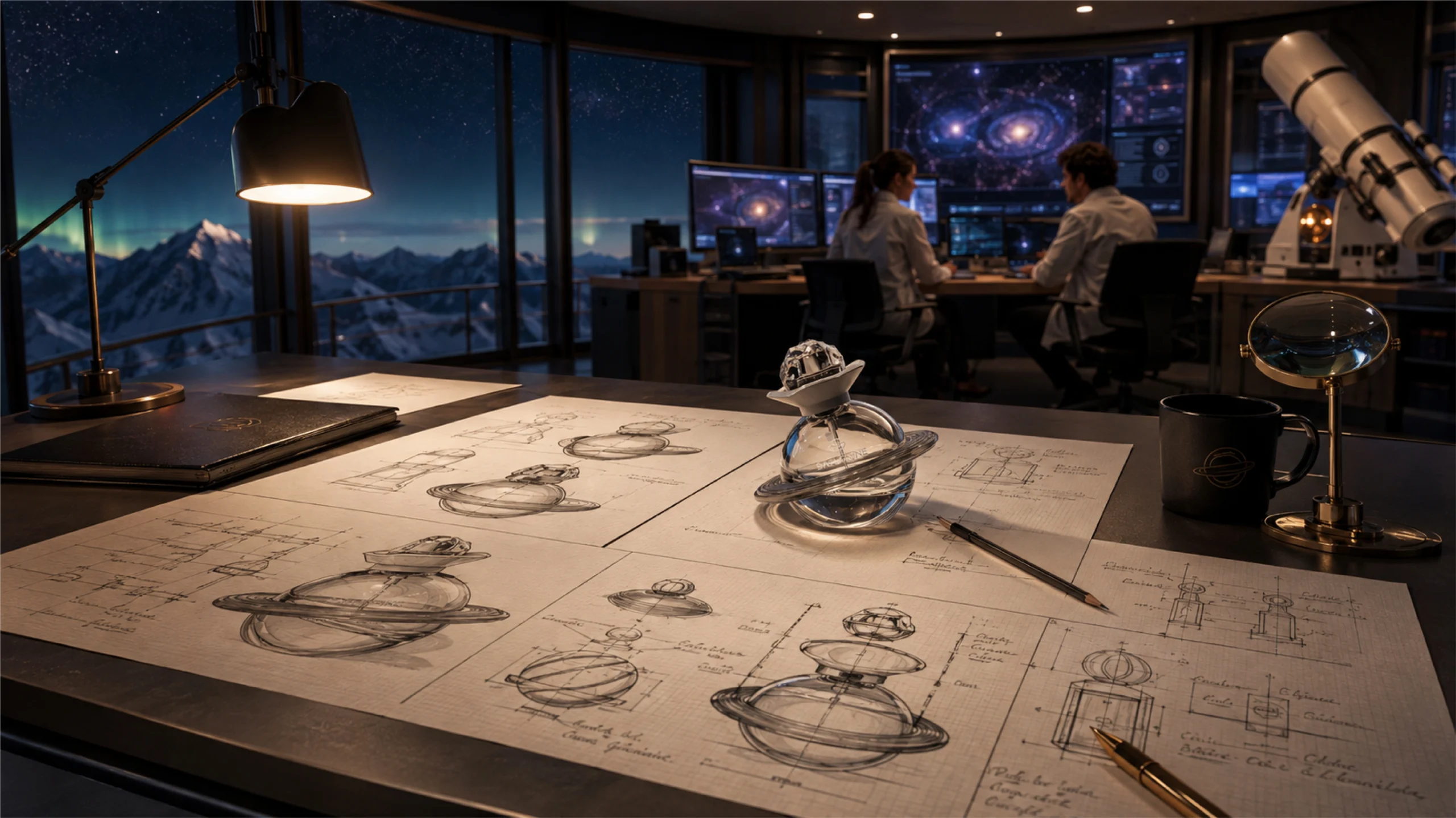 Observatory-inspired perfume packaging design studio with sketches and prototype