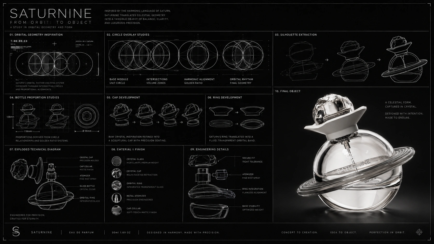 SATURNINE 55 ml orbital glass perfume bottle technical construction diagram