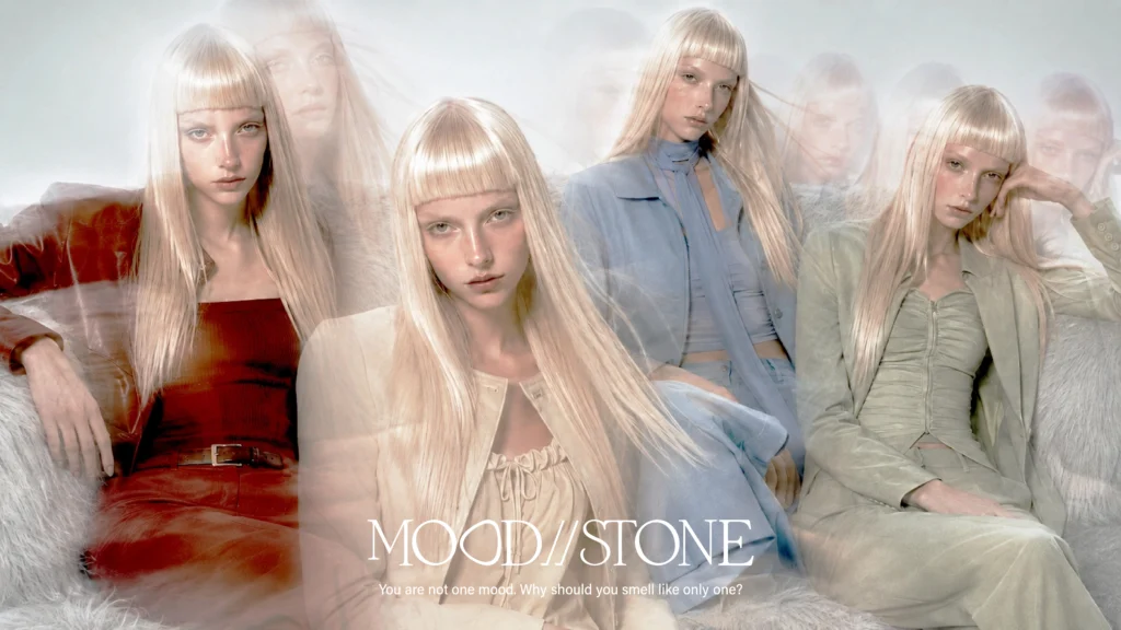 MOOD//STONE perfume packaging design moodboard with four models styled in red, cream, blue and sage moods