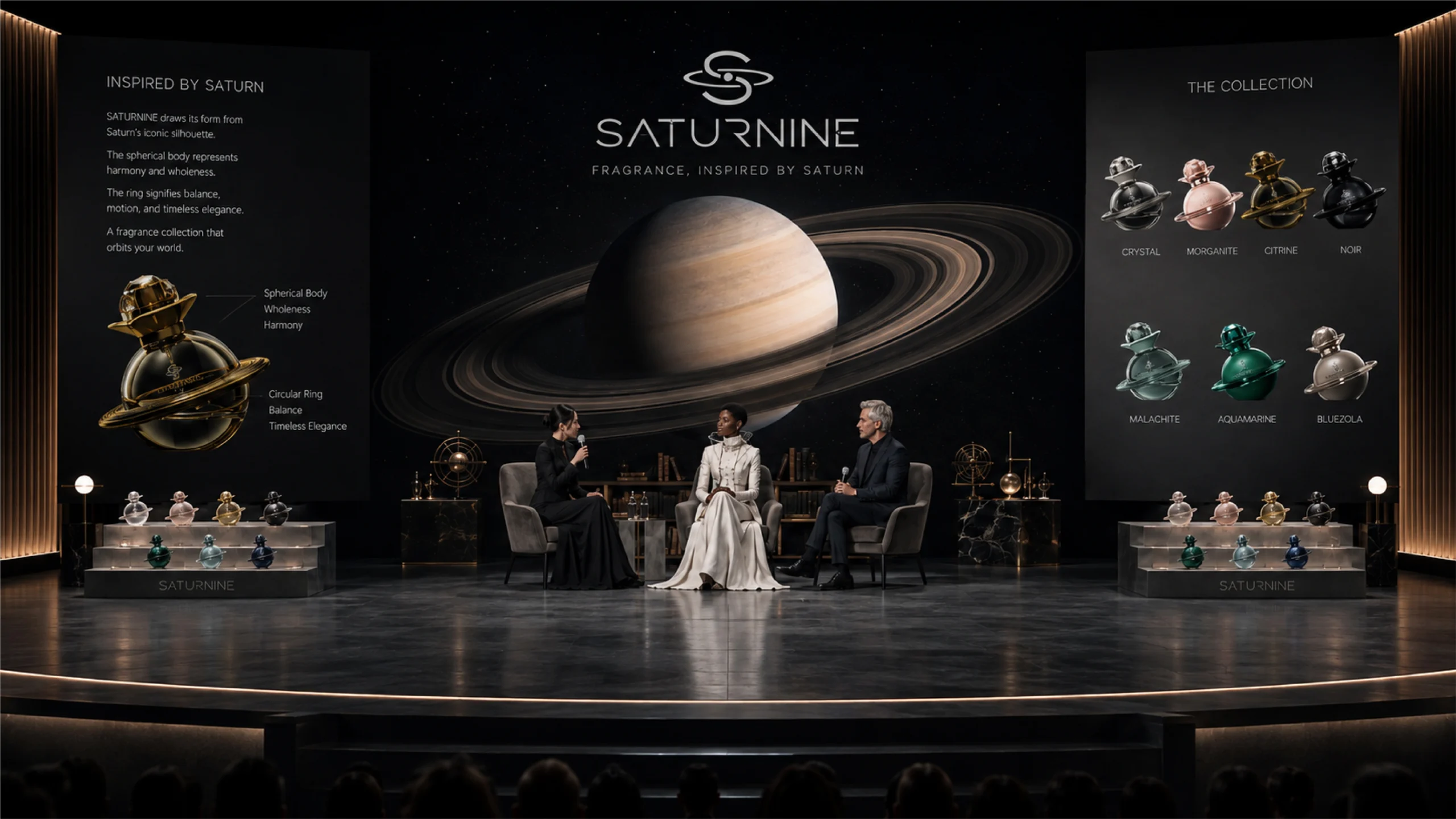 SATURNINE fragrance collection presented on stage with seven bottle finishes