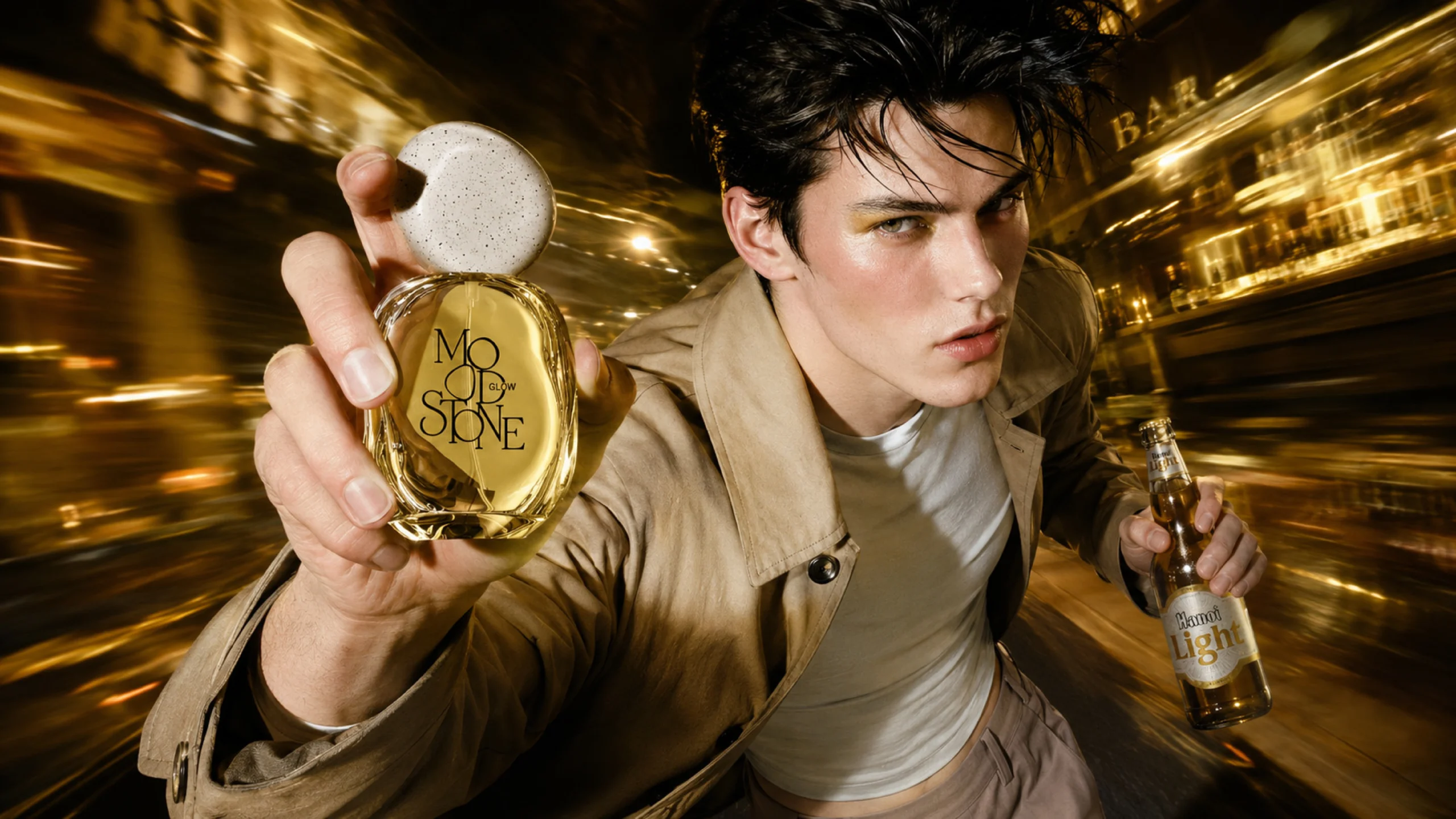 male model holding a translucent amber-yellow MOOD//STONE GLOW perfume bottle in a motion-blurred nighttime city scene