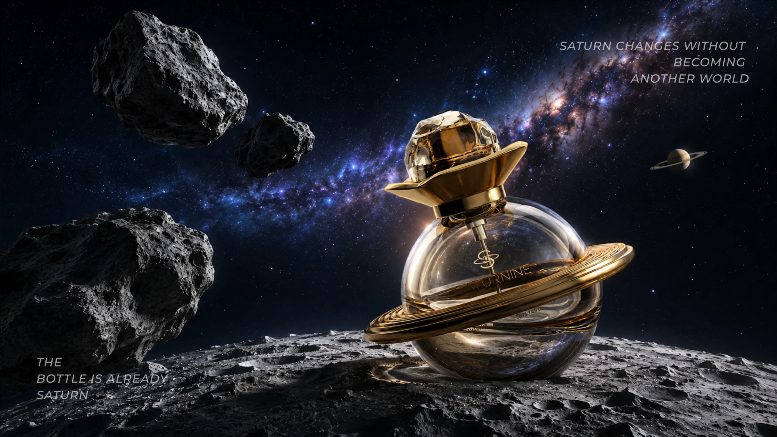 Gold CITRINE orbital perfume bottle displayed on a lunar surface