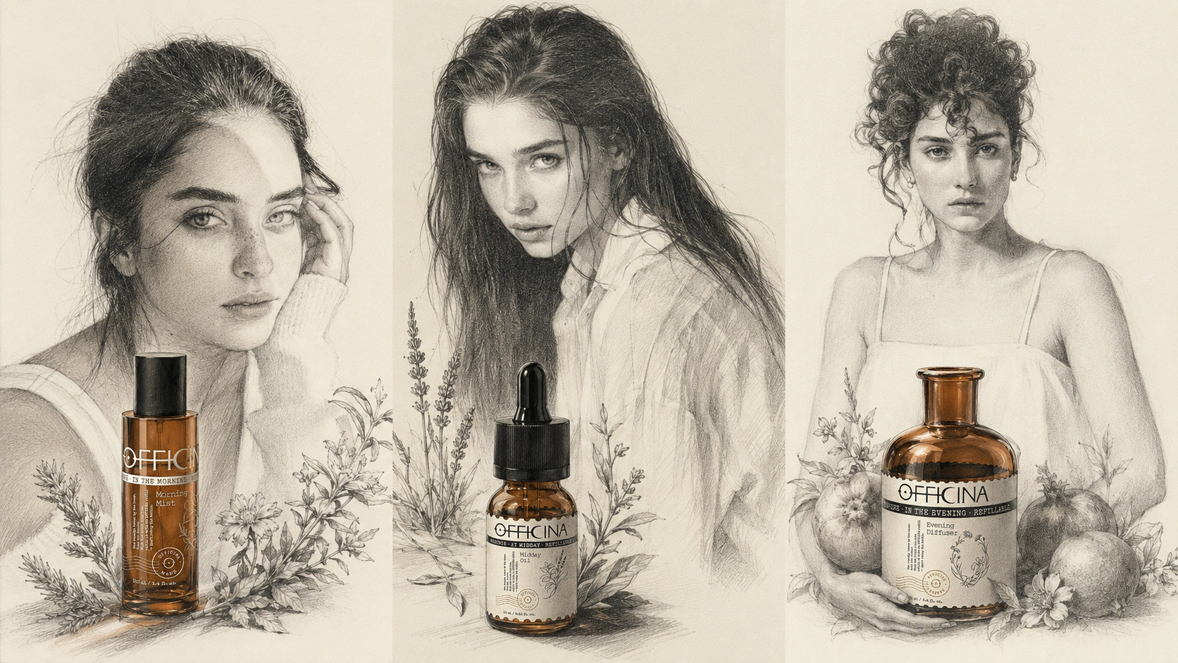 Illustrated OFFICINA amber mist, oil, and diffuser packaging concept
