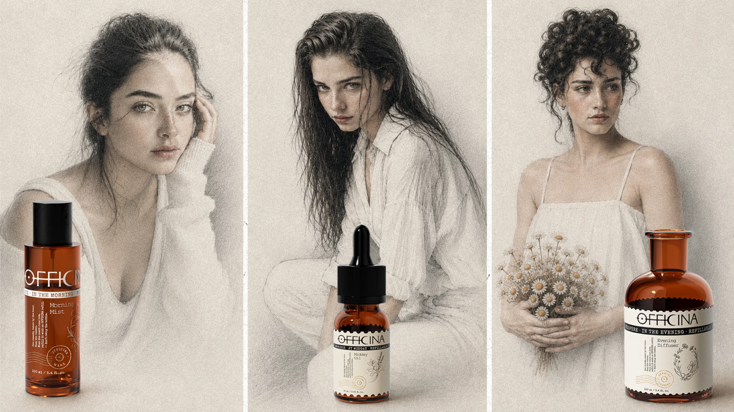OFFICINA amber mist, dropper, and diffuser vessels with portrait illustrations