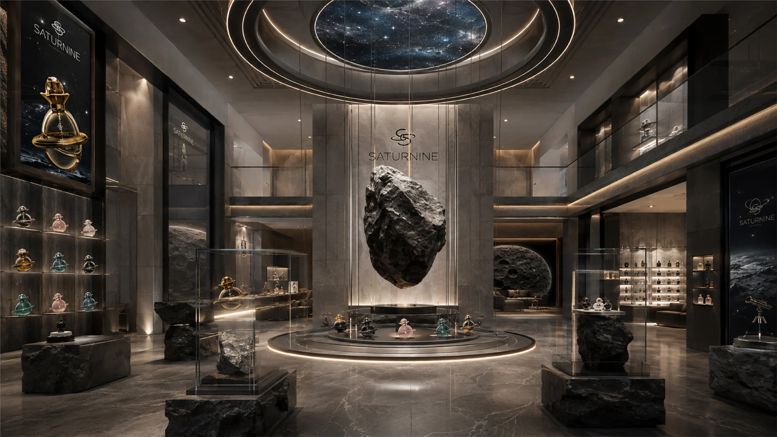 Luxury SATURNINE perfume boutique with orbital lighting and meteorite displays