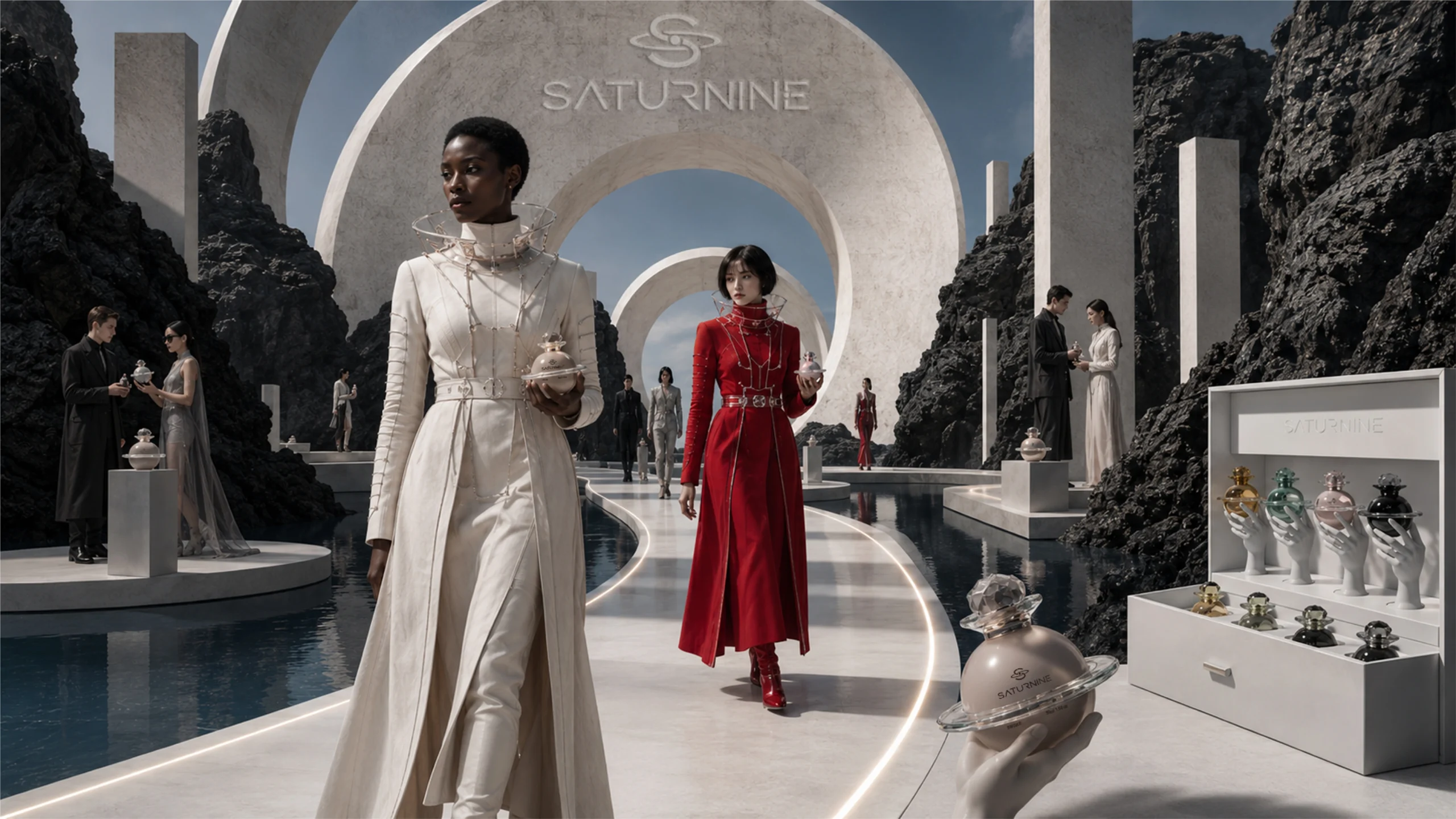 SATURNINE experiential fragrance launch with models and collector displays