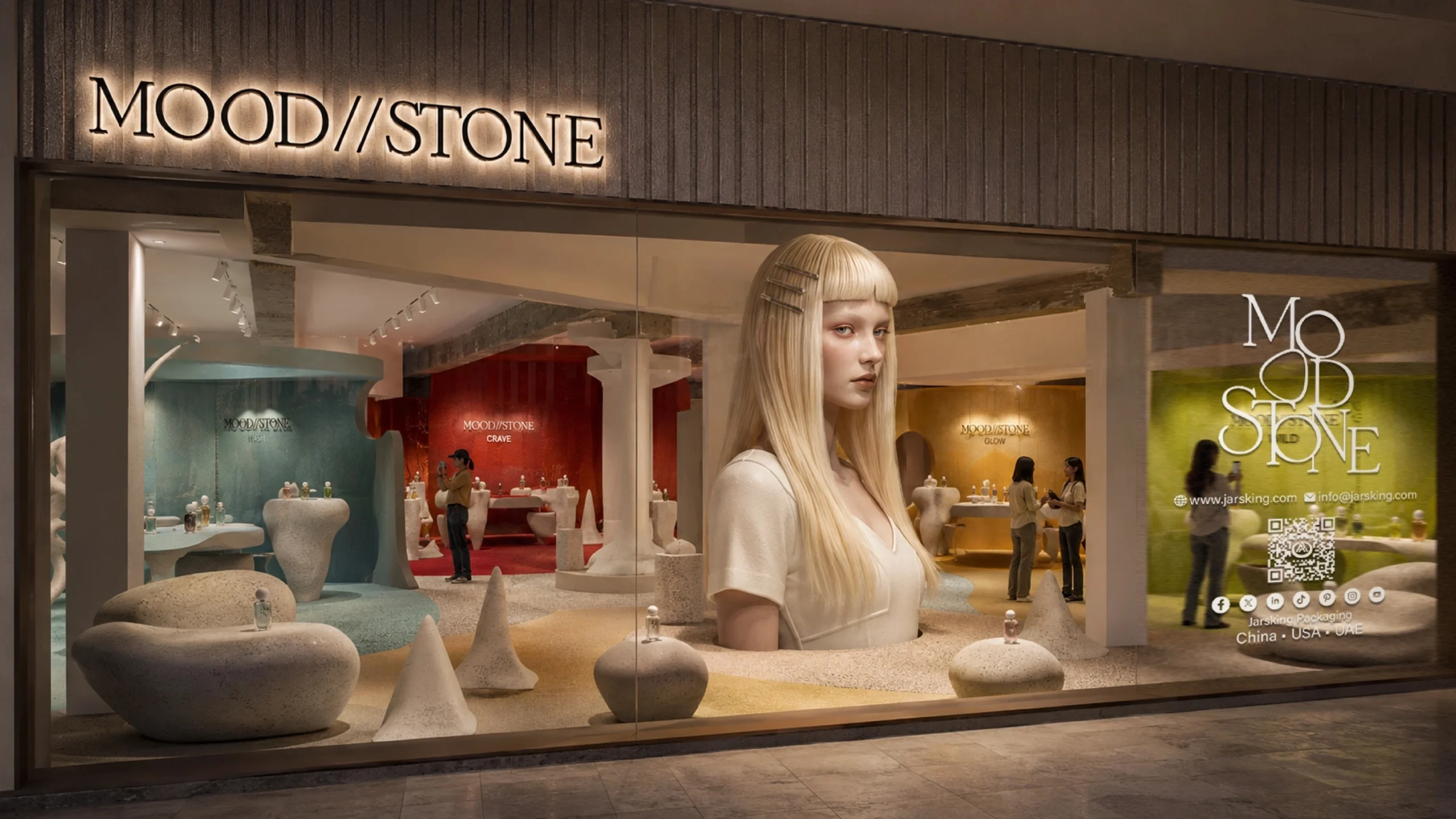 MOOD//STONE artistic perfume retail concept with sculptural pebble displays, four color-coded fragrance zones, an illuminated logo and a central campaign portrait