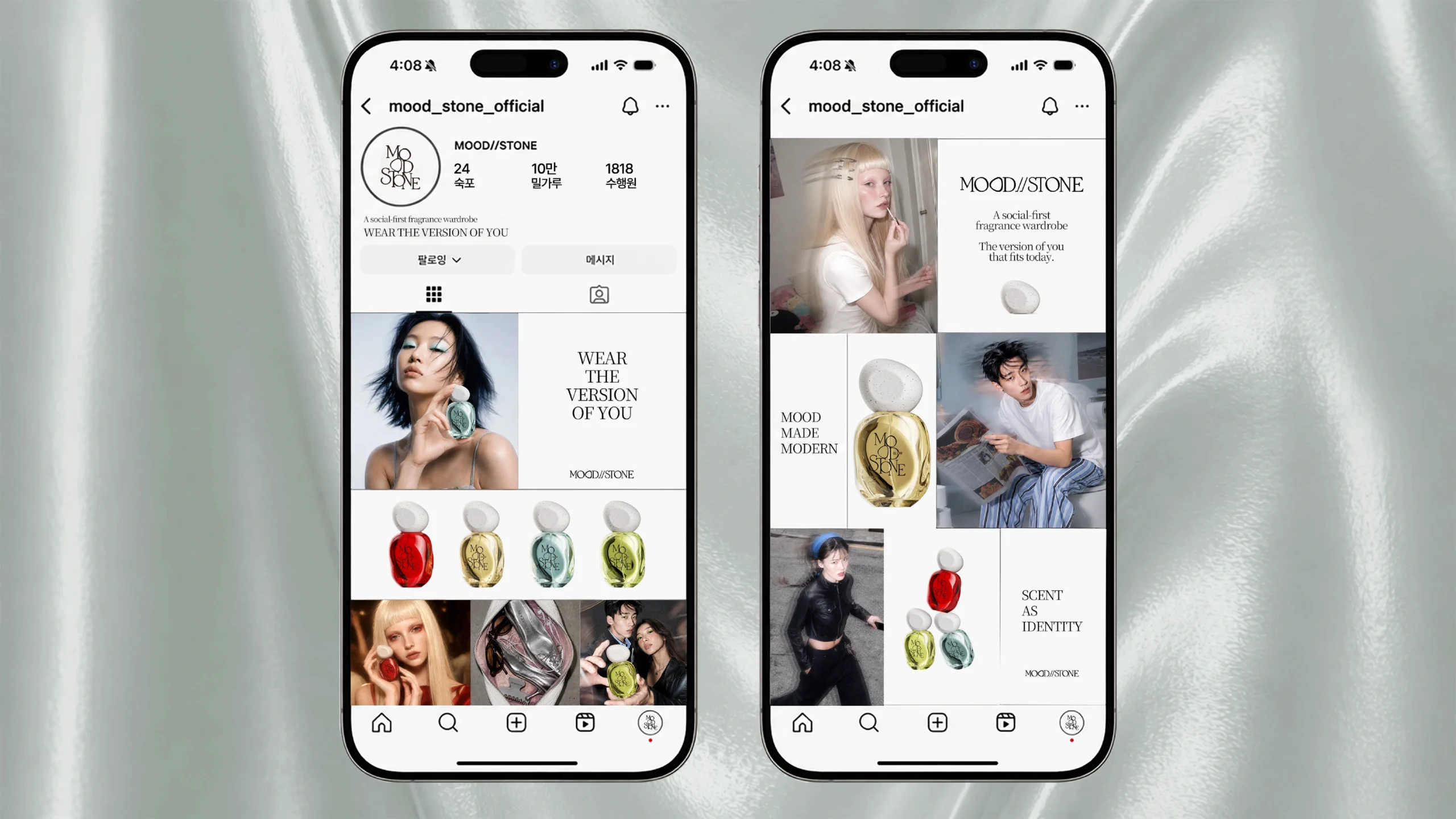two smartphone mockups showing a MOOD//STONE social feed with four colored perfume bottles, lifestyle photography and serif campaign typography