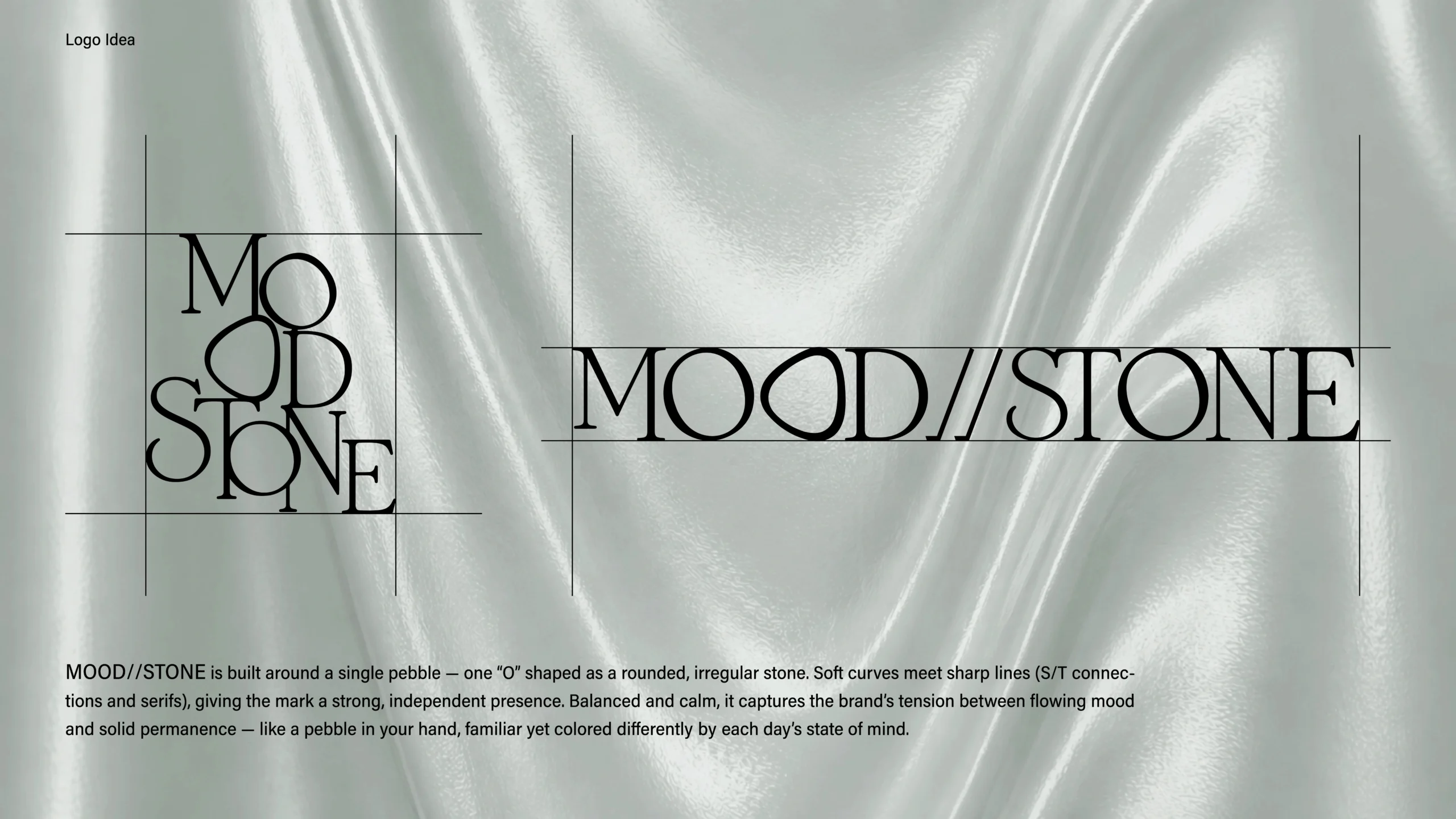 MOOD//STONE logo construction showing a stacked monogram and horizontal wordmark with an irregular pebble-shaped letter O