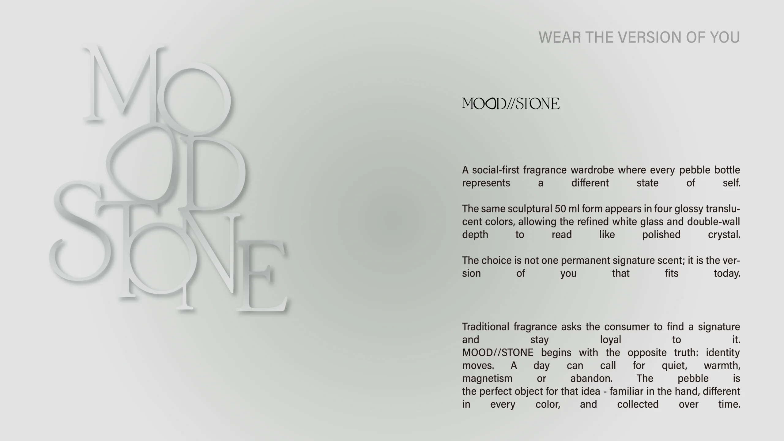 MOOD//STONE brand-story layout with sculpted monogram, pale grey pebble background and Wear the Version of You headline