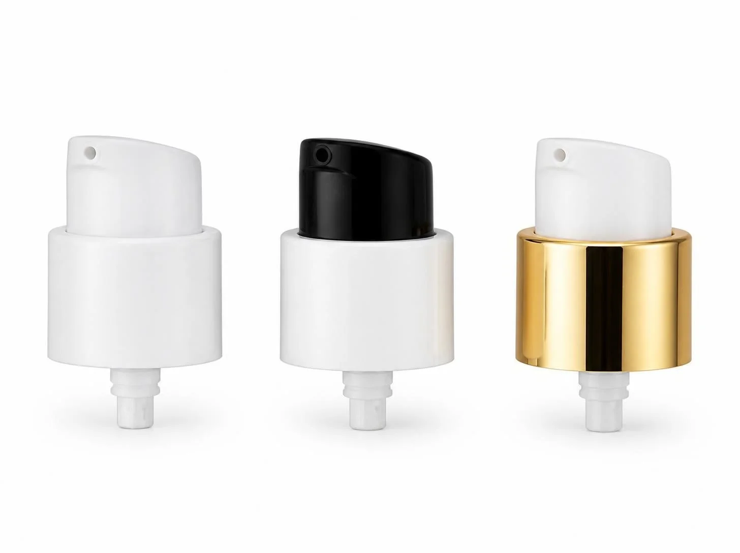 Airless pump heads in white, black and gold