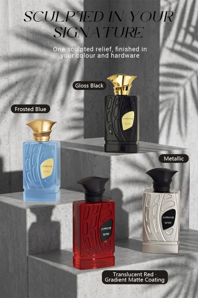 One glass perfume bottle shape shown in several color and finish options