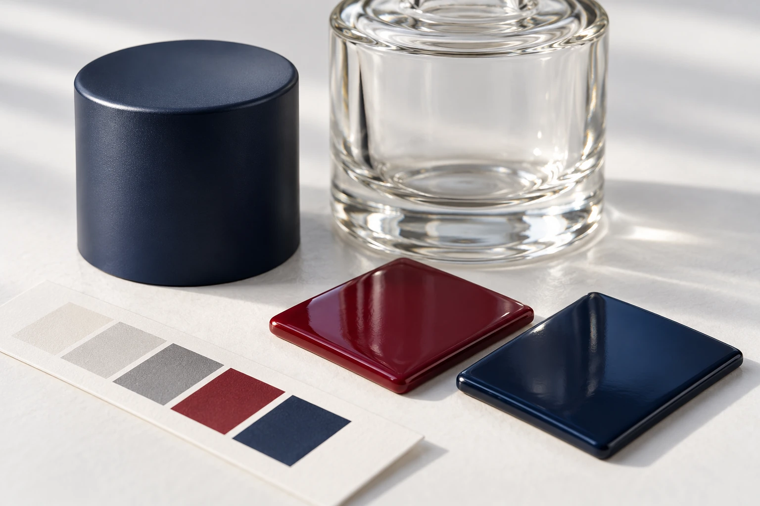 A blank cap and glass container beside navy and cranberry finish samples.
