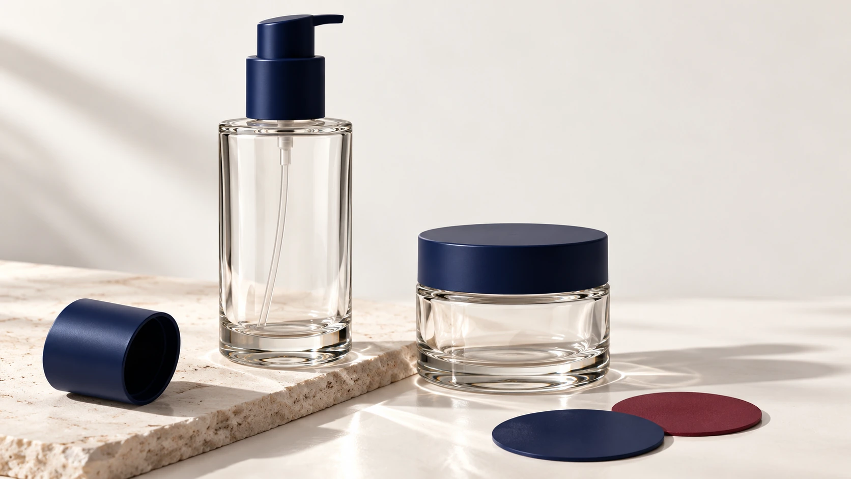 Generic clear glass containers with navy closures and finish swatches.