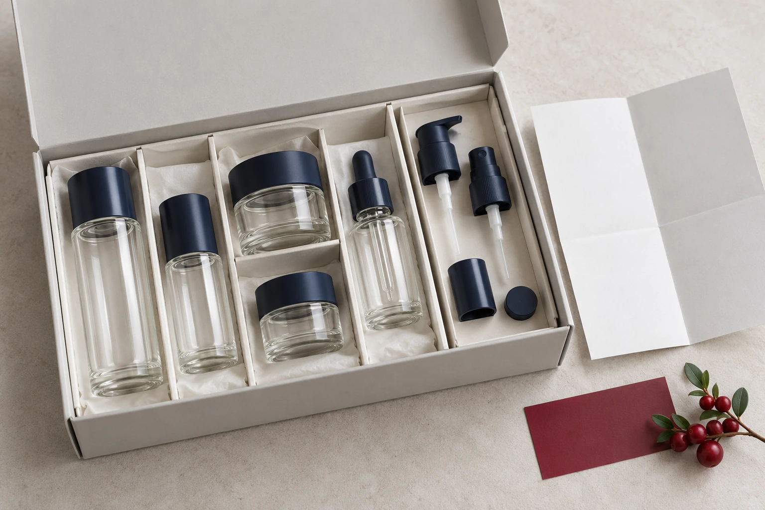Unbranded empty bottles and separate components arranged in a sample tray.