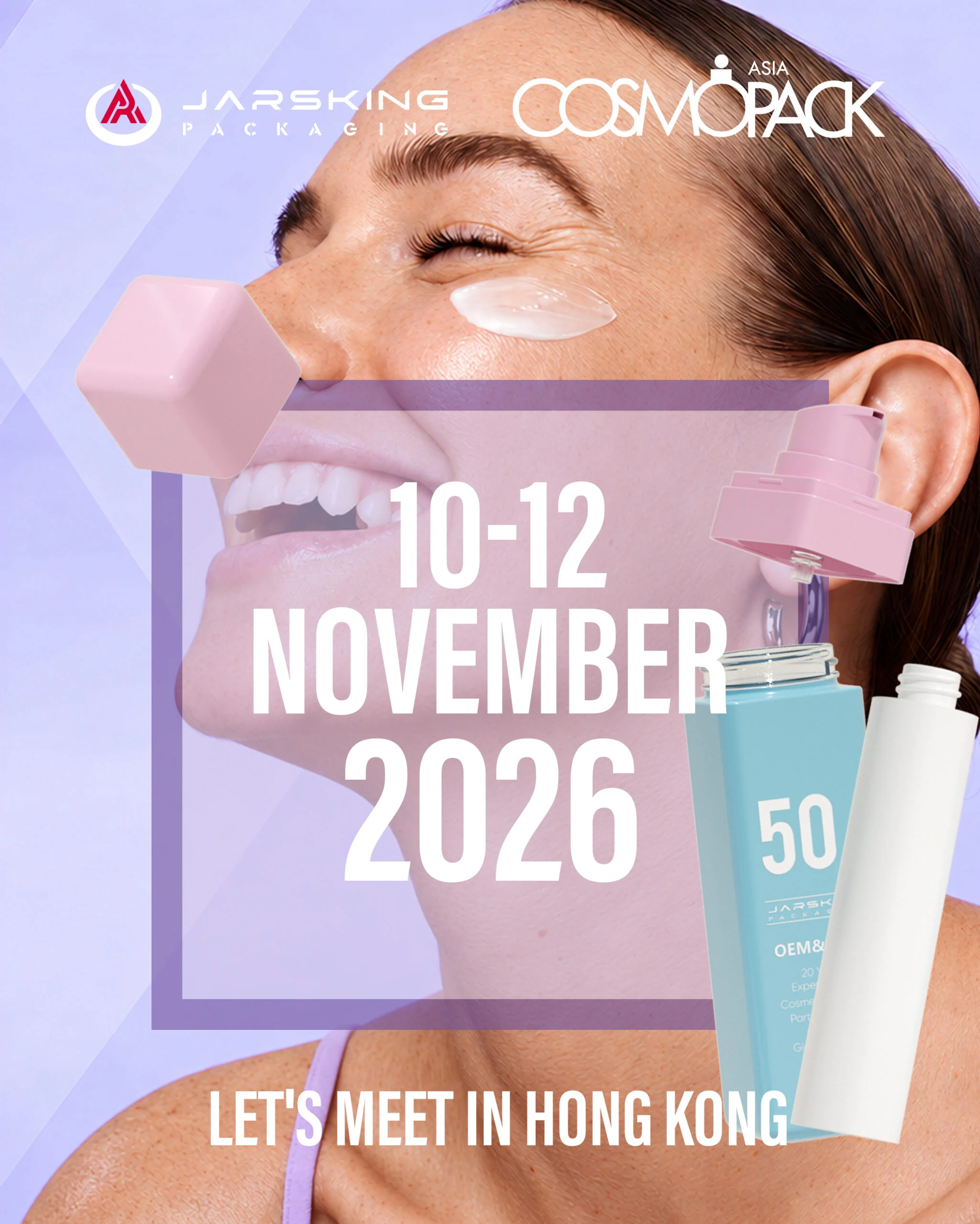 Jarsking campaign artwork showing skincare pump components and the November 10–12, 2026 dates