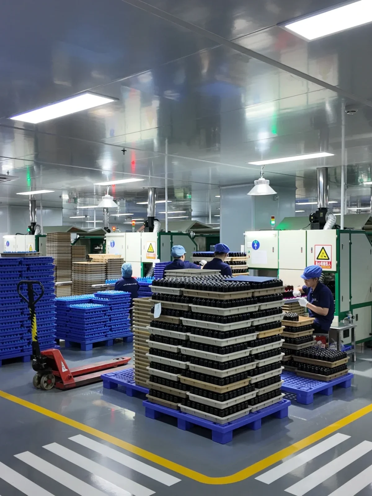Interior of the Jarsking cosmetic packaging factory warehouse with stacked goods